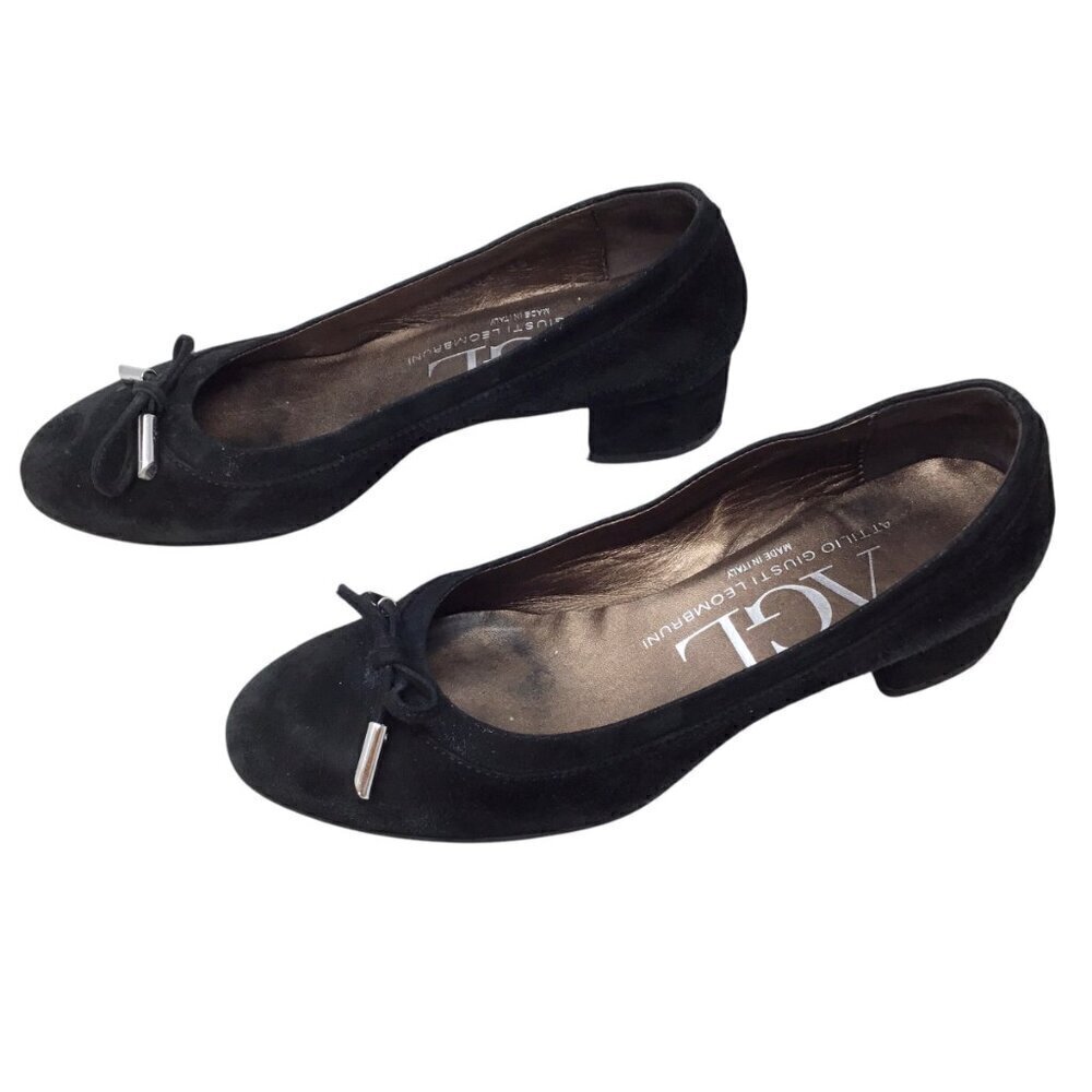 AGL Kristin Bow Tie Black Suede Leather Pumps Block Heel EU 35 US 5 Made Italy - Picture 3 of 14